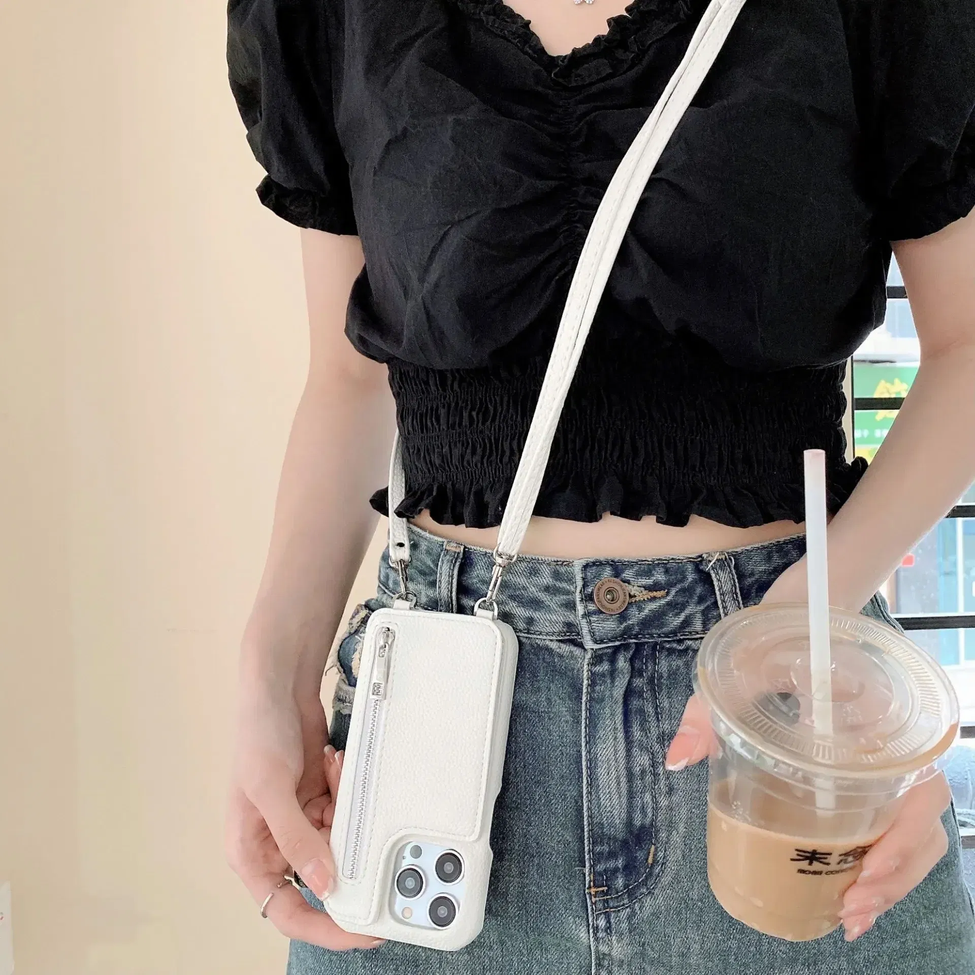 Material: Microfiber, Color: Brown - Zipper Wallet Makeup Mirror Crossbody Lanyard Case For iPhone 16 15 14 Pro Max 13 12 11 XR XS 7 8 Plus Card Slot Leather Cover