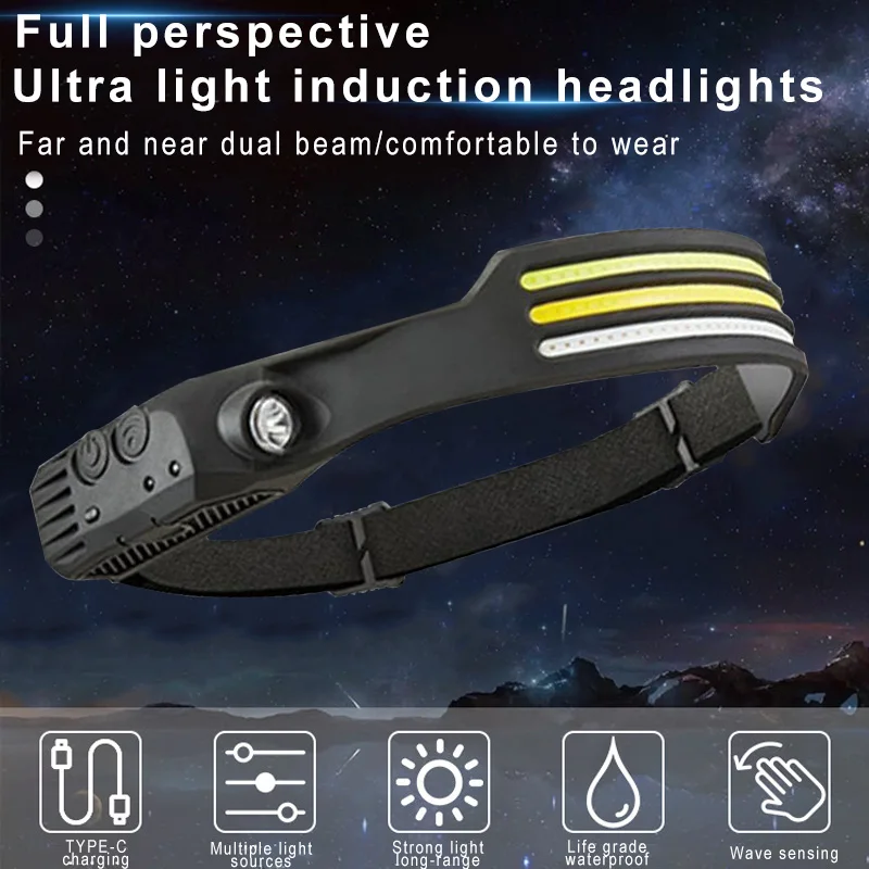 Emitting Color: WHITE - Induction Headlamp COB LED Sensor Head Lamp Built-in Battery Flashlight USB Rechargeable Head Torch 5 Lighting Modes Headlight