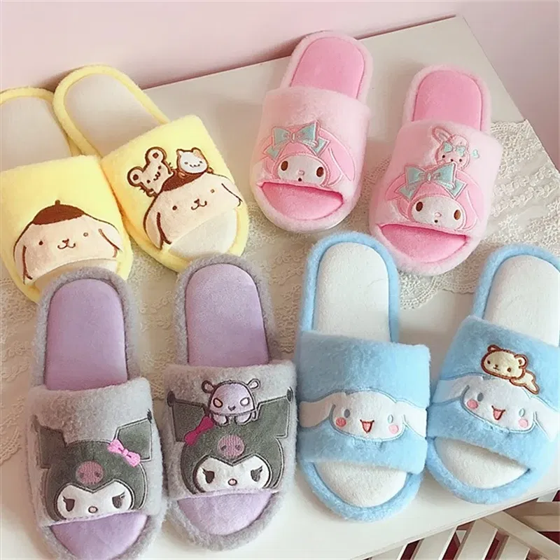 Color: Beige, Shoe Size: 39 - Kawaii Peep Toe Slippers Girl Cute Indoor Shoes Open Toes Home Slippers Casual Lolita Flat Non-slip Purple Pink Japanese Style