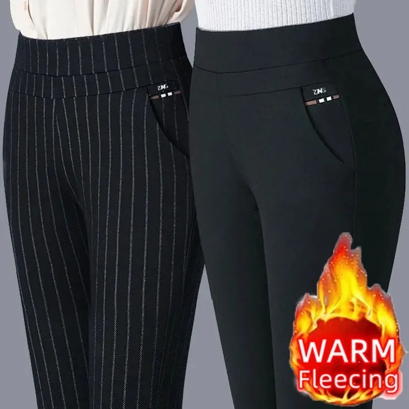 Color: WHITE, Size: M - Thin & Thick Warm Winter Pencil Pants Womens Snow Plush Strench Lady OL SkinnyTrousers Femal Thichen Slim  Clothing Leggings