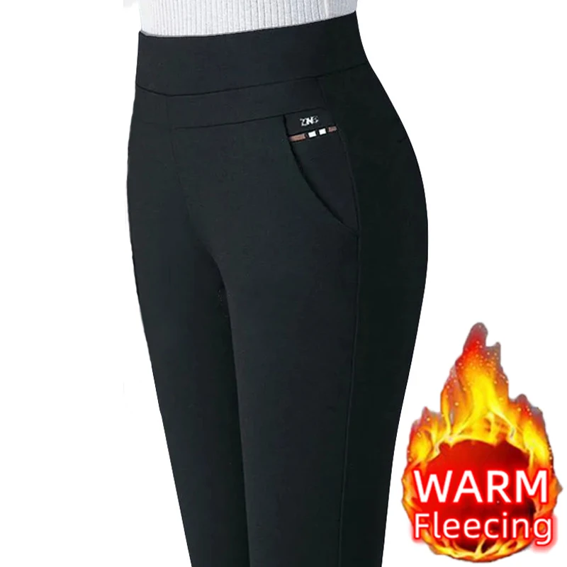 Color: WHITE, Size: M - Thin & Thick Warm Winter Pencil Pants Womens Snow Plush Strench Lady OL SkinnyTrousers Femal Thichen Slim  Clothing Leggings
