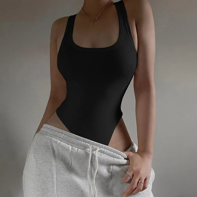 Color: Khaki, Size: S - Sleeveless Knit Bodysuit for Women, Off Shoulder Halter Tops, Casual Street Bodycon, Sexy Clubwear, Hot Summer, 2024