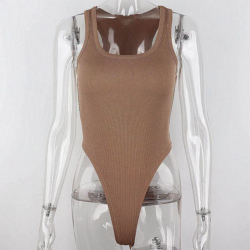 Color: Khaki, Size: S - Sleeveless Knit Bodysuit for Women, Off Shoulder Halter Tops, Casual Street Bodycon, Sexy Clubwear, Hot Summer, 2024