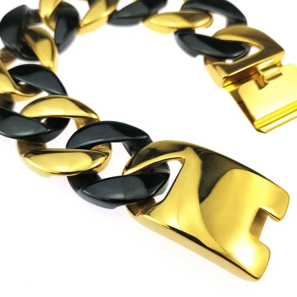 Length: 70cm, Main Stone Color: Red - 316L Stainless Steel  and Black Tone Curb 24mm Solid Heavy Long Necklace + Bracelet Jewelry