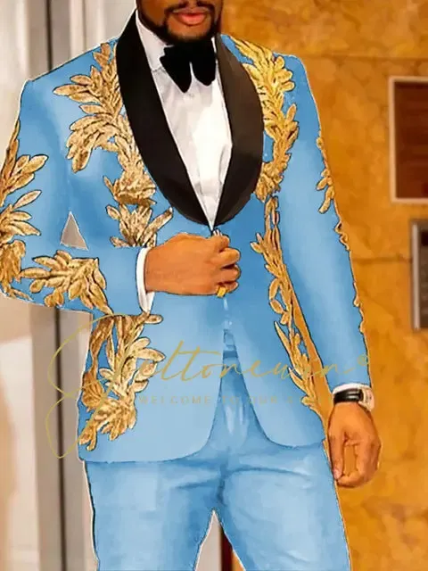 Color: SKY BLUE, Size: 4XL - Luxury Groom Wedding Tuxedos Gold Sequins Appliques Black Men Suits Slim Fit Costume Homme Marriage Prom Suits