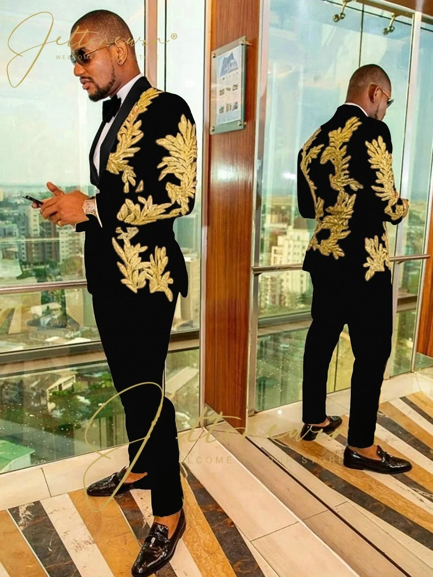 Color: SKY BLUE, Size: 4XL - Luxury Groom Wedding Tuxedos Gold Sequins Appliques Black Men Suits Slim Fit Costume Homme Marriage Prom Suits