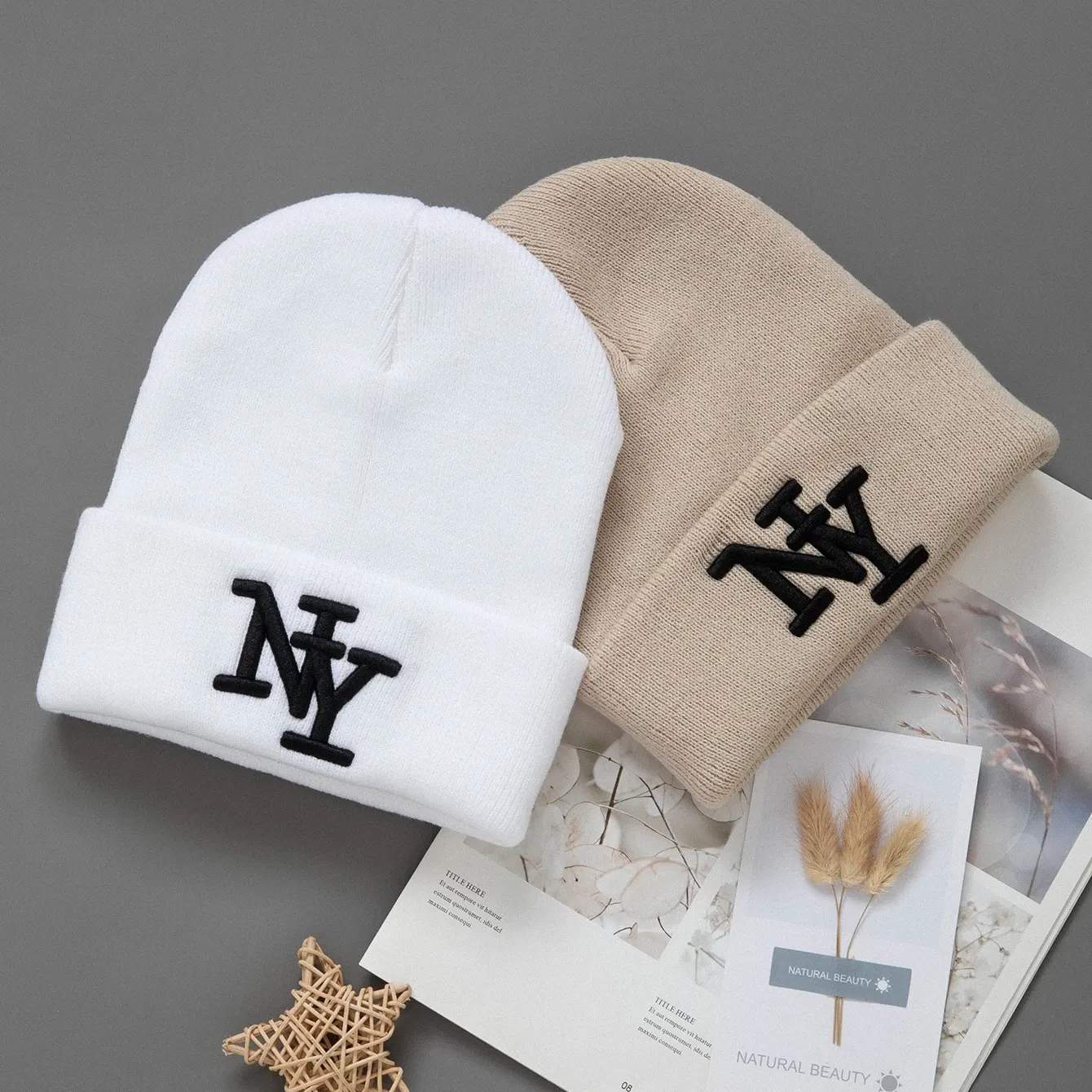 Color: Iron oxide red  - 1/2/3pcs Unisex Winter Beanie Hats, Solid Color Knitted Warm Outdoor Caps with Embroidered NY Logo, Hand Washable, Black