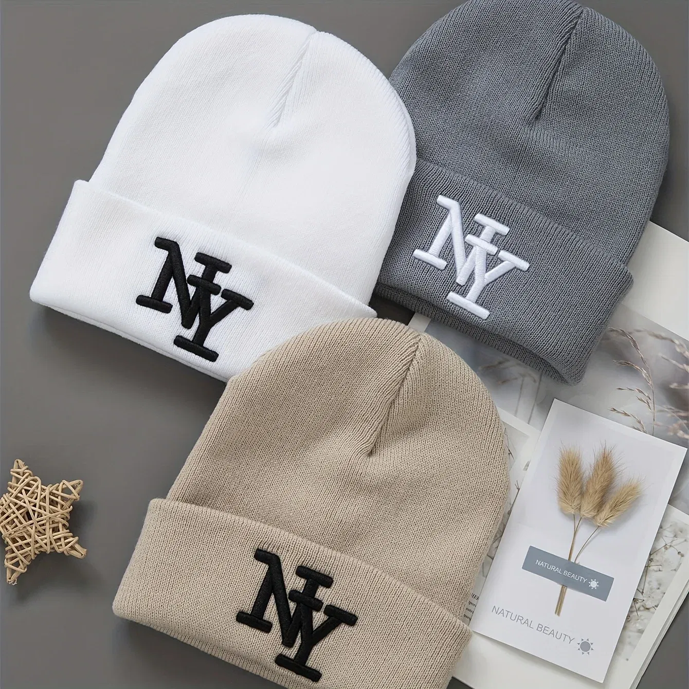 Color: Iron oxide red  - 1/2/3pcs Unisex Winter Beanie Hats, Solid Color Knitted Warm Outdoor Caps with Embroidered NY Logo, Hand Washable, Black