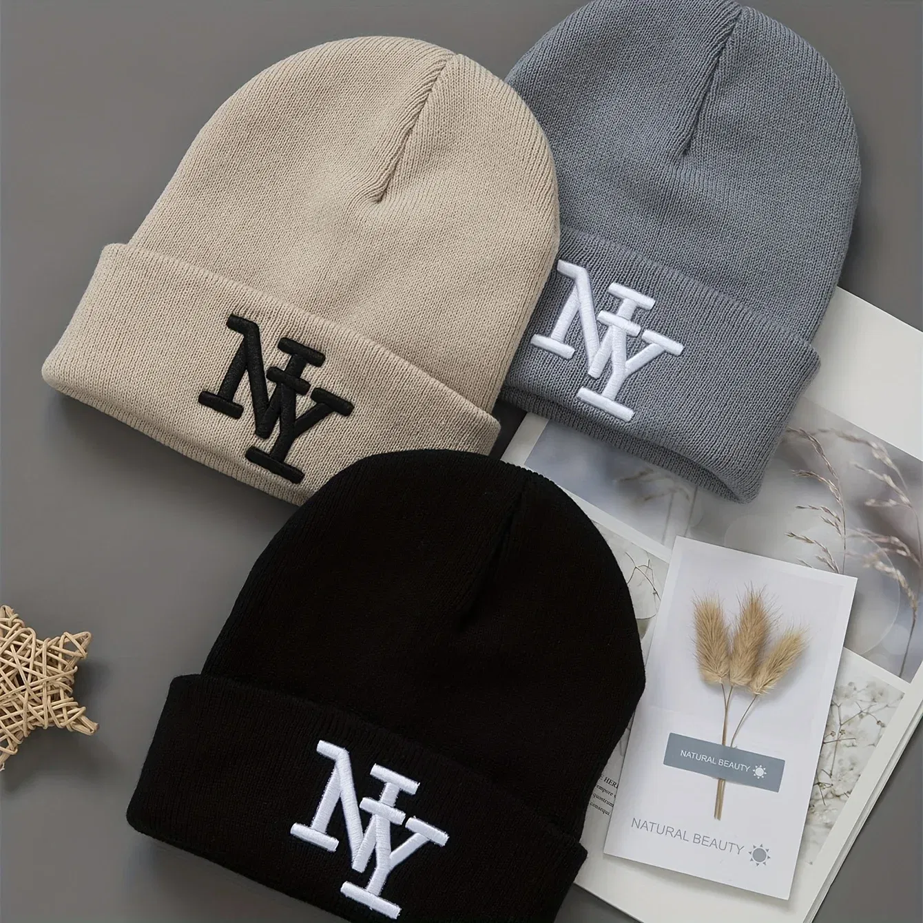 Color: Iron oxide red  - 1/2/3pcs Unisex Winter Beanie Hats, Solid Color Knitted Warm Outdoor Caps with Embroidered NY Logo, Hand Washable, Black
