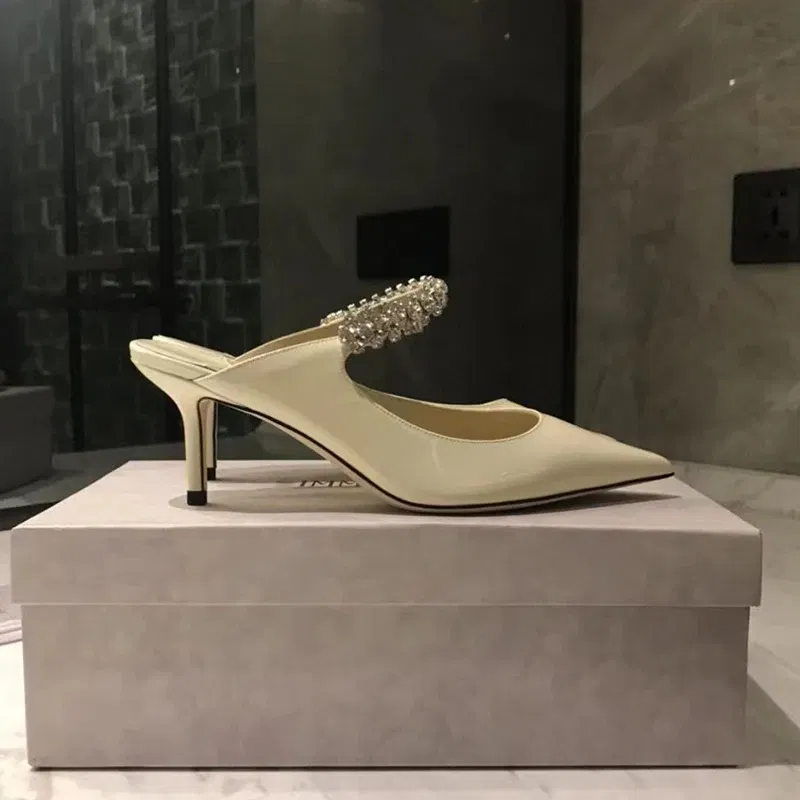 Color: WHITE, Shoe Size: 41, Ships From: CHINA - Elegant Leather Mules Pointed Toe Stylish Rhinestone Embellished High Heel Sandals Sophisticated Party Evening Shoes Footwear