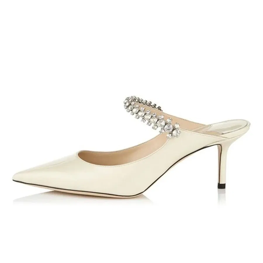Color: WHITE, Shoe Size: 41, Ships From: CHINA - Elegant Leather Mules Pointed Toe Stylish Rhinestone Embellished High Heel Sandals Sophisticated Party Evening Shoes Footwear