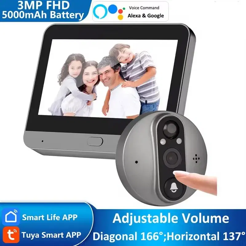 Color: green, Ships From: CHINA - New! 3MP Tuya Smart Life APP Home Battery WiFi Video Digital Door Peephole Viewer PIR IR Door Bell Magic Eye FHD Camera Alexa
