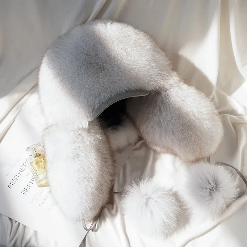 Color: Gold, Hat Size: 54 - 2025 Winter 100% Real Silver Fox Fur Bomber Hat Raccoon Fur Ushanka Cap Trapper Russian Men's Ski Hats Caps