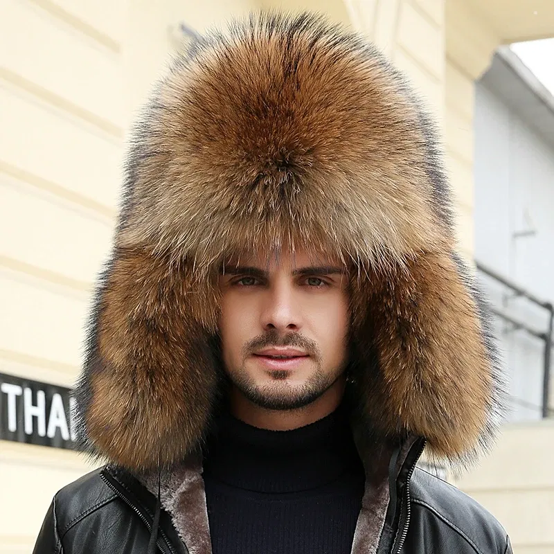 Color: Gold, Hat Size: 54 - 2025 Winter 100% Real Silver Fox Fur Bomber Hat Raccoon Fur Ushanka Cap Trapper Russian Men's Ski Hats Caps