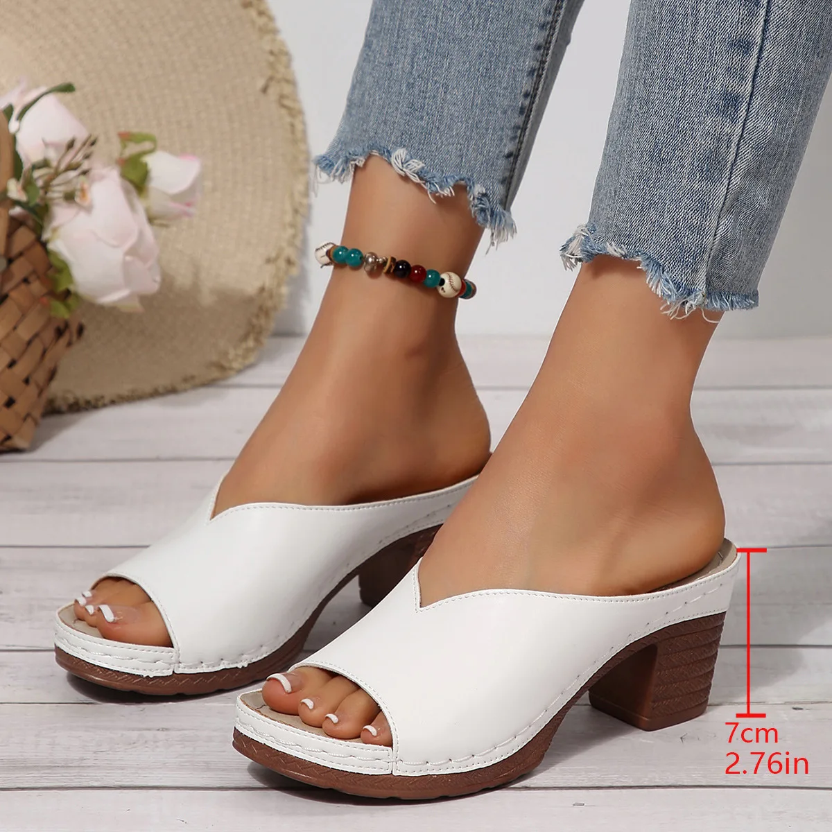 Color: Blue, Shoe Size: 41 - Women's Open-Toe High-Heel Slippers Summer New Fashion Outdoor Wear Slip-On Shoes 36-43 Sizes Polyurethane Upper Cushioning