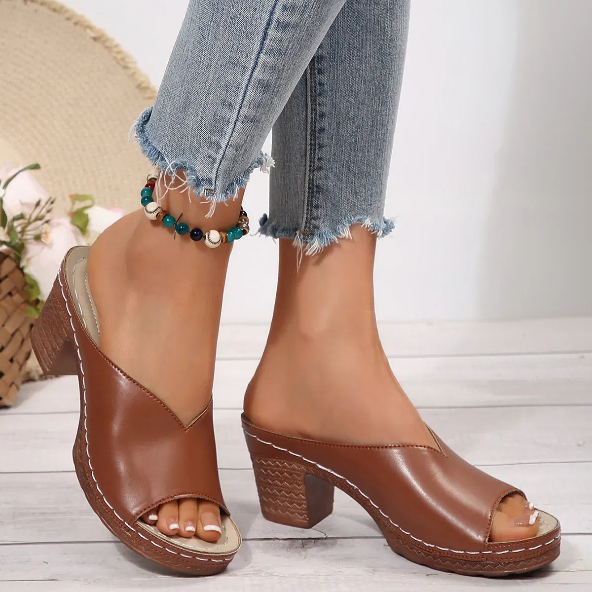Color: Blue, Shoe Size: 41 - Women's Open-Toe High-Heel Slippers Summer New Fashion Outdoor Wear Slip-On Shoes 36-43 Sizes Polyurethane Upper Cushioning