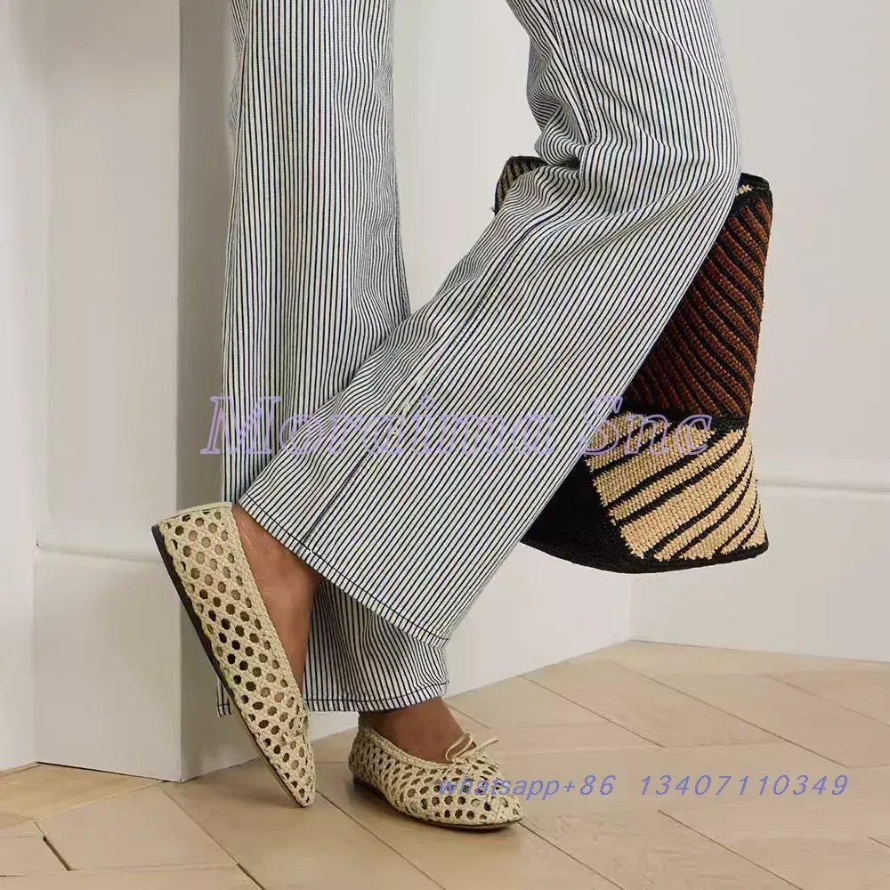 Color: Beige, Shoe Size: 39 - Hollow Woven Leather Ballet Shoes Flat With Round Toe Ankle Buckle Strap Fashion Shallow Women Shoes Mary Janes Summer New 2025