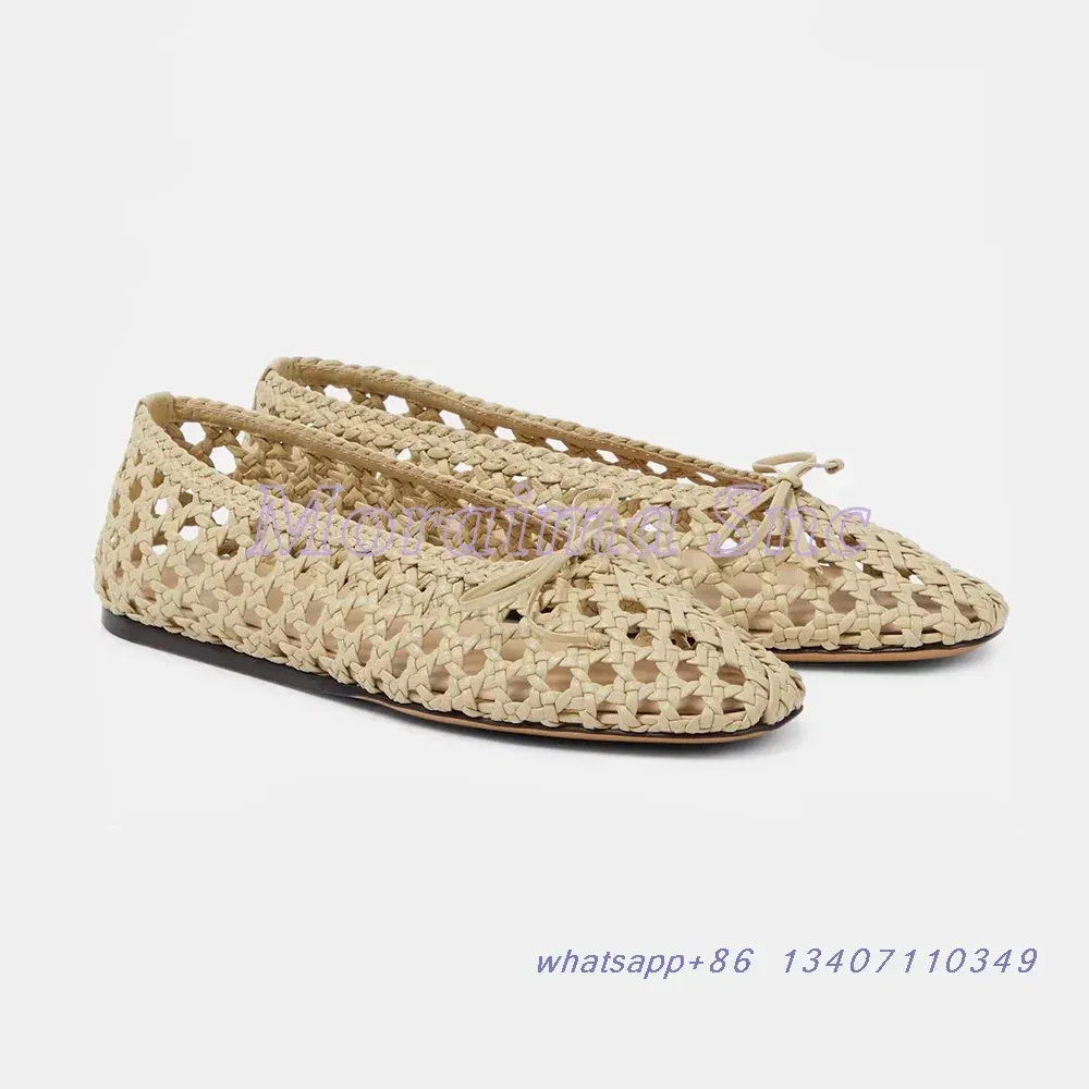 Color: Beige, Shoe Size: 39 - Hollow Woven Leather Ballet Shoes Flat With Round Toe Ankle Buckle Strap Fashion Shallow Women Shoes Mary Janes Summer New 2025