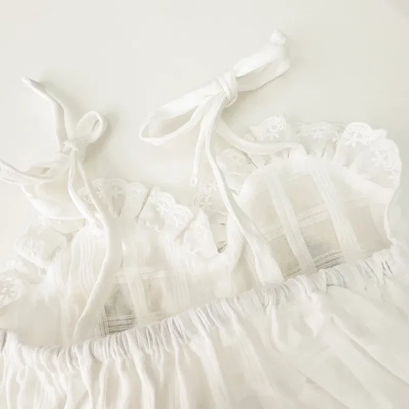 Color: Beige, Ships From: CN, Kid Size: 9M - 2025 Summer Charming Sleeveless Bow Tie Flower Embroidered Infant Newborn Girls One Piece Bodysuits Soft Baby Girl Lace Jumpsuit