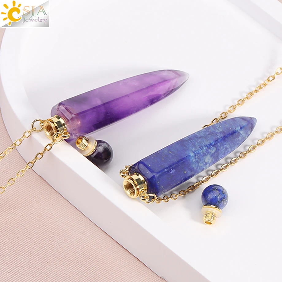 Metal color: Antique Silver Plated - CSJA Crystal Perfume Bottle Women Necklace Natural Stone Hexagonal Cone Pendant Reiki Oil Diffuser Necklaces Christmas Gift H358