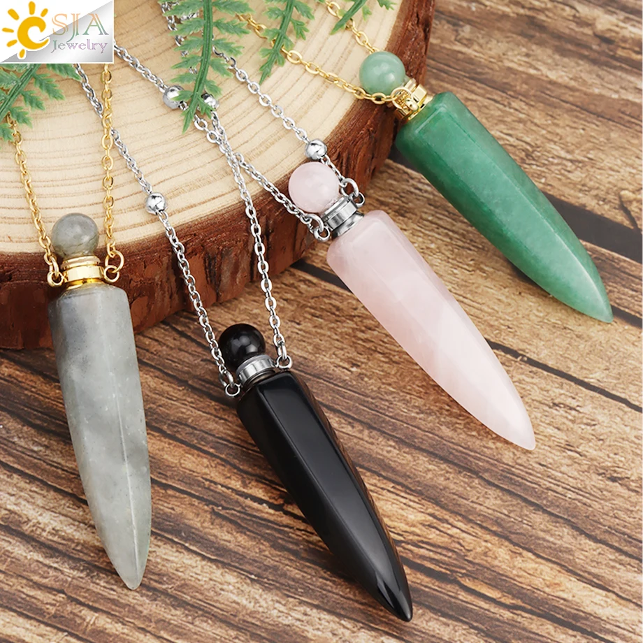 Metal color: Antique Silver Plated - CSJA Crystal Perfume Bottle Women Necklace Natural Stone Hexagonal Cone Pendant Reiki Oil Diffuser Necklaces Christmas Gift H358