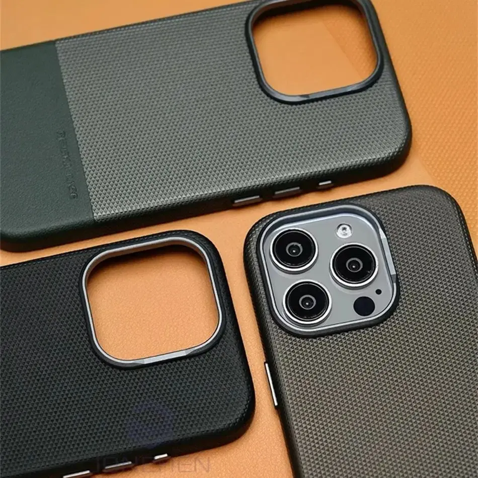 Color: Beige, Material: Genuine Leather - Business Hit Color Relief Leather Case For iPhone 16 15 14 13 Pro Max For Magsafe Magnetic Wireless Charge Alloy Len Cover Bag