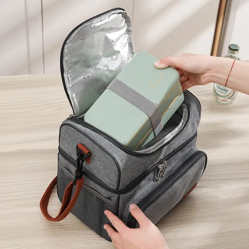 Color: GRAY - Double Layer Lunchbox Storage Thermal Bag Large Capacity Tote Shoulder Food Drink Insulation Bags Outdoor Picnic Bento Lunch Bag