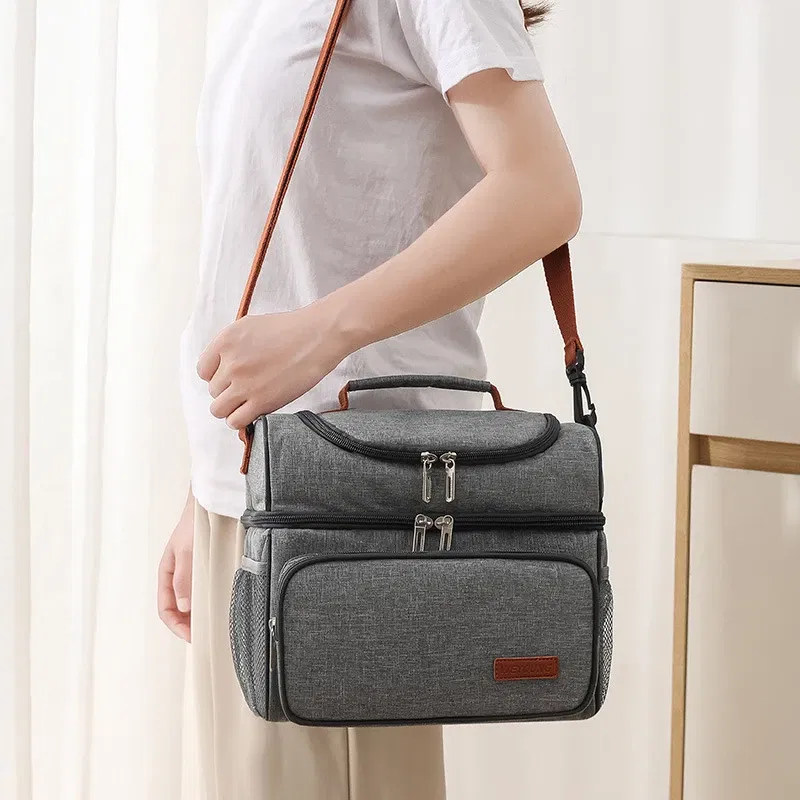 Color: GRAY - Double Layer Lunchbox Storage Thermal Bag Large Capacity Tote Shoulder Food Drink Insulation Bags Outdoor Picnic Bento Lunch Bag