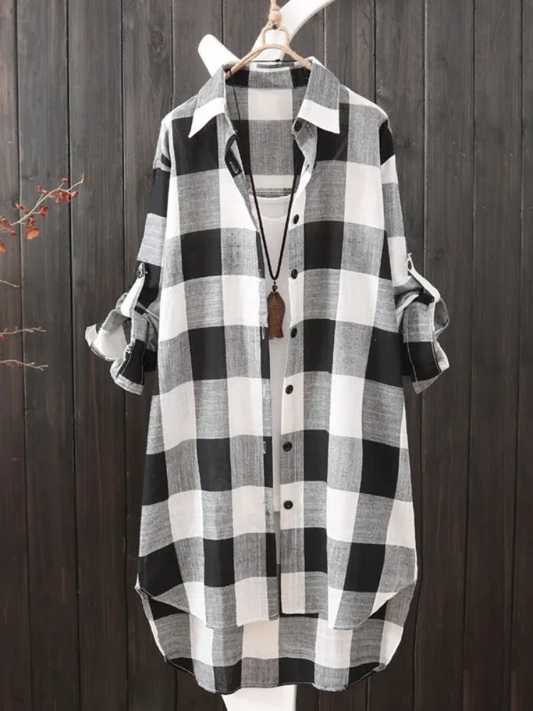 Color: black, Size: L - Women's Plaid Cotton Shirt Chic Women Blouse Elegant and Youth Women's Blouses New In External Clothes Korean Style