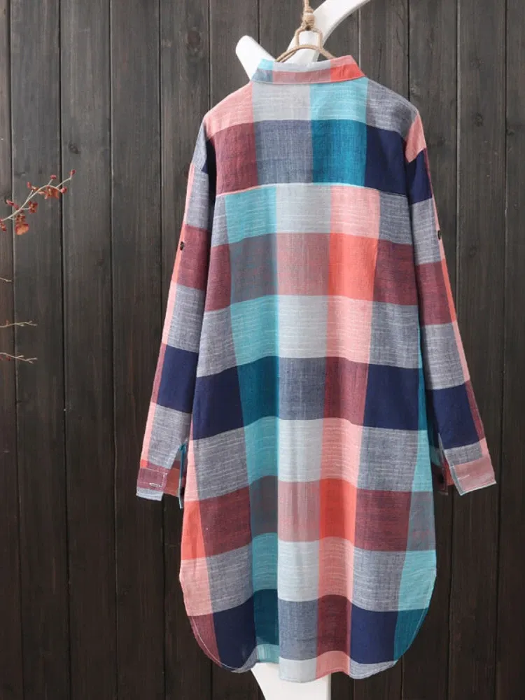 Color: black, Size: L - Women's Plaid Cotton Shirt Chic Women Blouse Elegant and Youth Women's Blouses New In External Clothes Korean Style