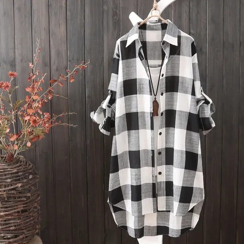 Color: black, Size: L - Women's Plaid Cotton Shirt Chic Women Blouse Elegant and Youth Women's Blouses New In External Clothes Korean Style