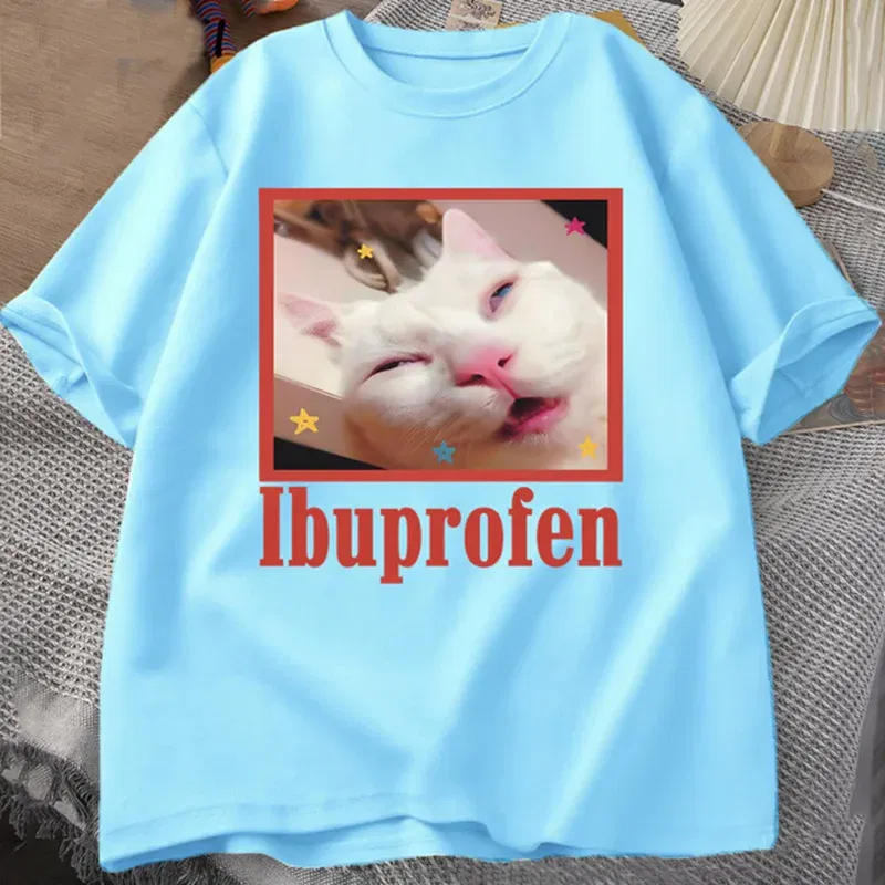 Color: WHITE, Size: L - Ibuprofen Cat Meme Tshirt Funny Cat Graphic Tee Cute Cat Lover Cotton T-Shirt Casual Funny T Shirts Unisex Oversized Tshirt Tee