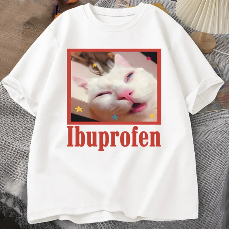 Color: WHITE, Size: L - Ibuprofen Cat Meme Tshirt Funny Cat Graphic Tee Cute Cat Lover Cotton T-Shirt Casual Funny T Shirts Unisex Oversized Tshirt Tee