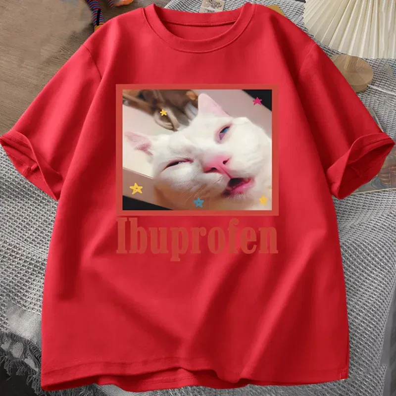 Color: WHITE, Size: L - Ibuprofen Cat Meme Tshirt Funny Cat Graphic Tee Cute Cat Lover Cotton T-Shirt Casual Funny T Shirts Unisex Oversized Tshirt Tee