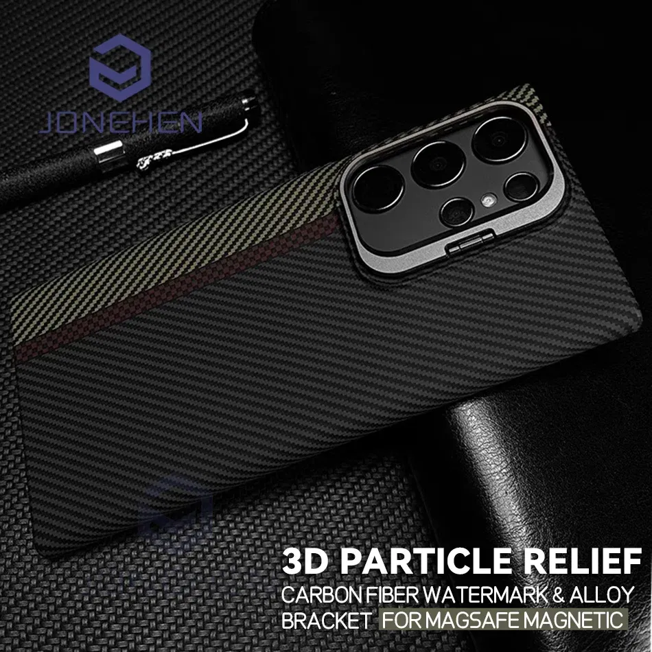 Color: black, Material: Plastic - Magnetic Pixel Carbon Fibre Pattern Slim Case For Samsung Galaxy S24 Plus S23 Ultra Luxury Shockproof Hard Cover Stand Metal Len