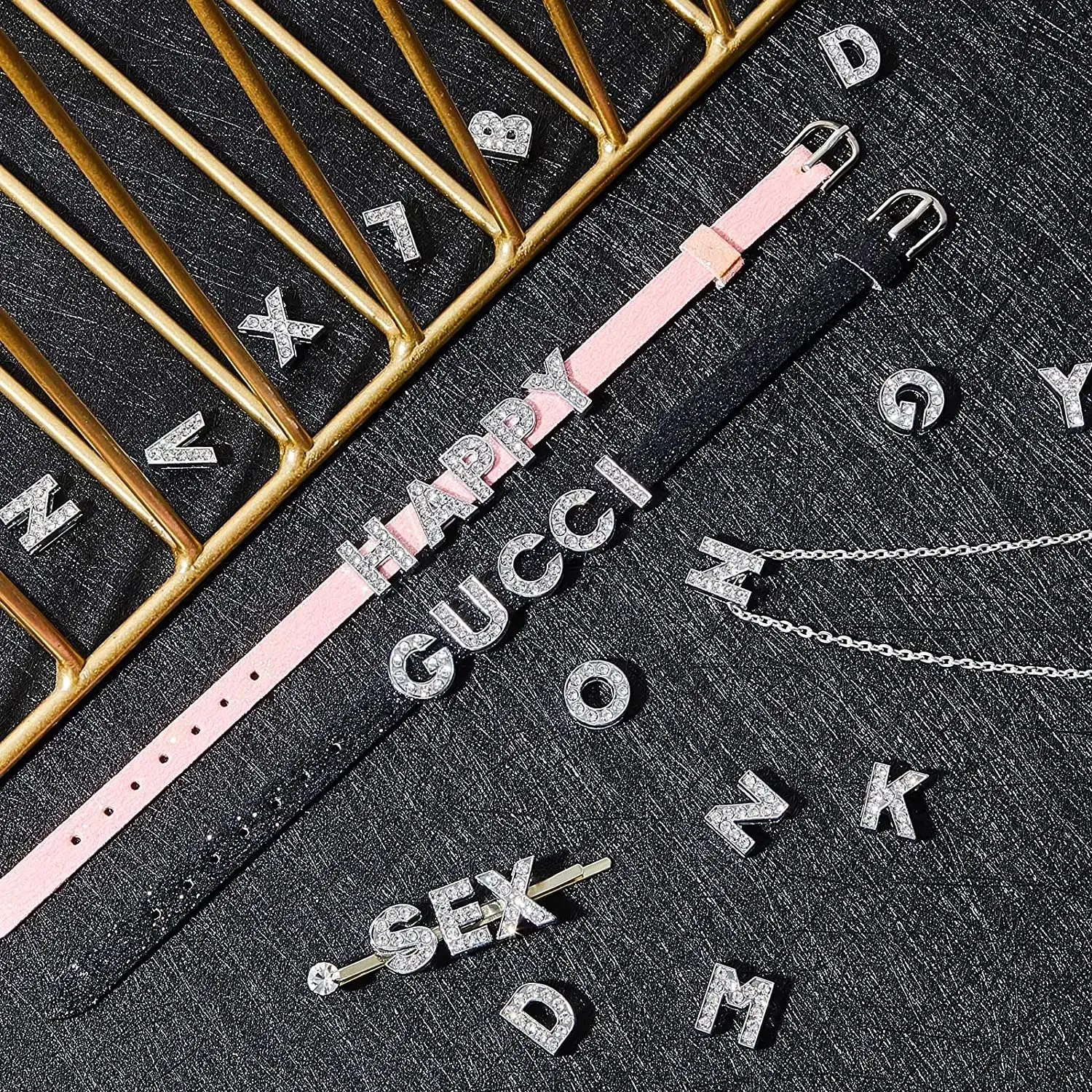 Color: Champagne - Rhinestone Slide Charms Letters For Jewelry Making Women Bracelet 8mm Alphabet A-Z Pet Collar Necklace DIY Accessories Gift