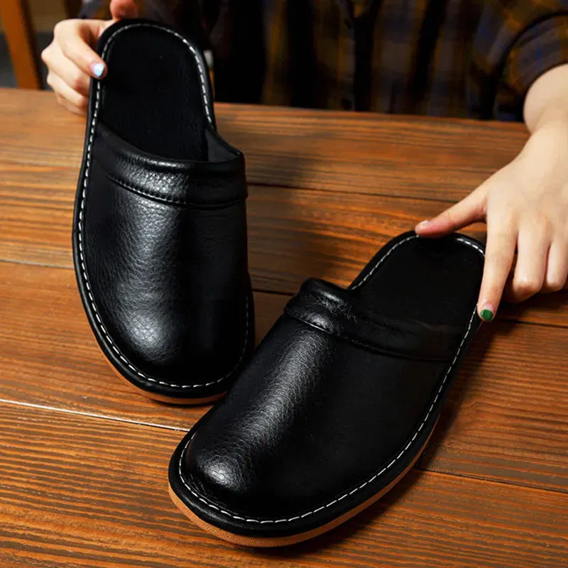 Color: Beige, Shoe Size: 6 - Mens Bedroom Leather Slippers Unisex Black Home Shoes Big Size 47 48 Man's Slippers Indoor Comfy Males Slides Family Flats Shoes