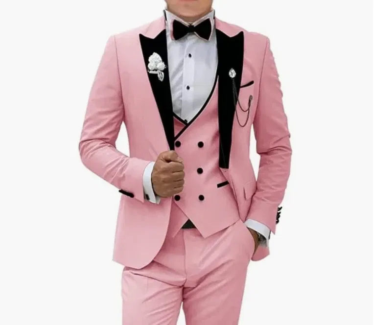 Color: Khaki, Size: XXL - Pink Prom Suit for Men  3 Piece Jacket Vest Pants Set   Peaked Lapel Blazer   Outfit Costume Birthday Party