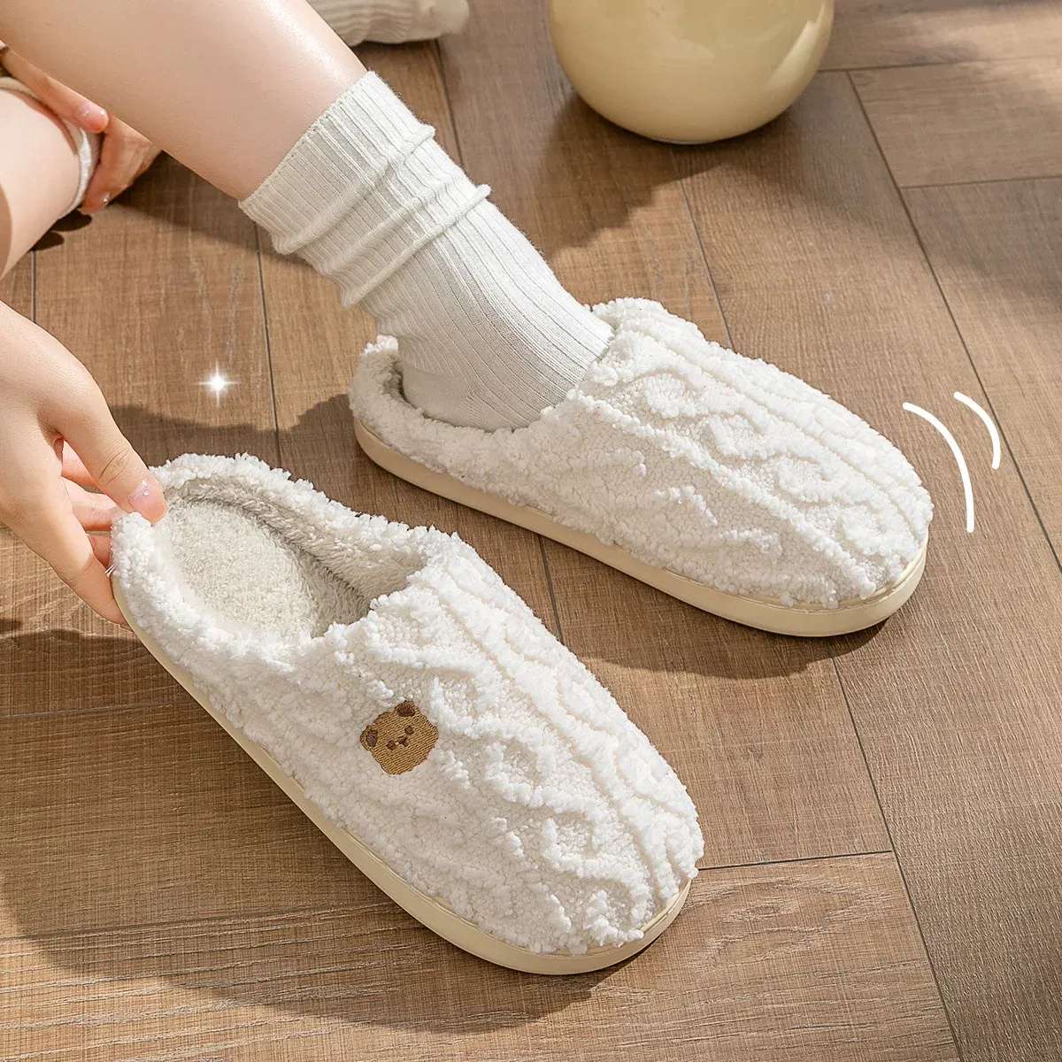 Color: Beige, Shoe Size: 38-39, Ships From: CHINA - Asgard Women Winter Fur Slippers Indoor Fluffy Couple Bedroom Flat Slides Cute Bear Women Fuzzy House Slippers Warm Cotton Shoes