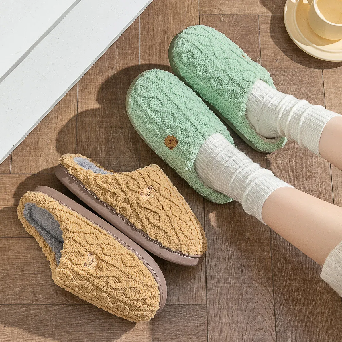 Color: Beige, Shoe Size: 38-39, Ships From: CHINA - Asgard Women Winter Fur Slippers Indoor Fluffy Couple Bedroom Flat Slides Cute Bear Women Fuzzy House Slippers Warm Cotton Shoes