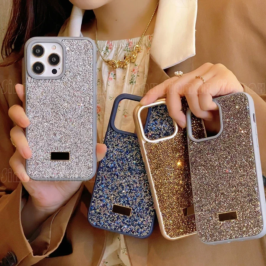 Color: Dark purple, Material: PVC - Bling Glitter Phone Case For iPhone 16 15 14 13 12 Pro Max 11 Vogue Protective Soft Diamond Cover Coque Funda