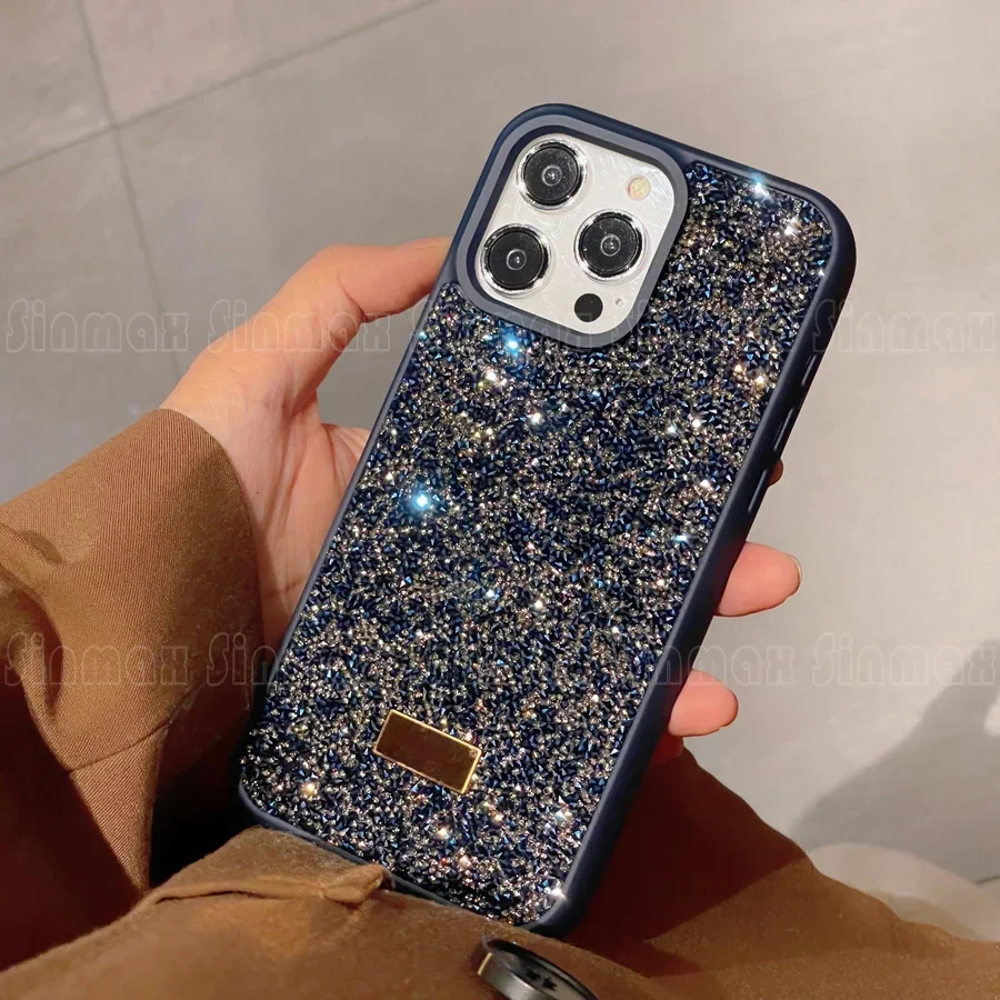 Color: Dark purple, Material: PVC - Bling Glitter Phone Case For iPhone 16 15 14 13 12 Pro Max 11 Vogue Protective Soft Diamond Cover Coque Funda