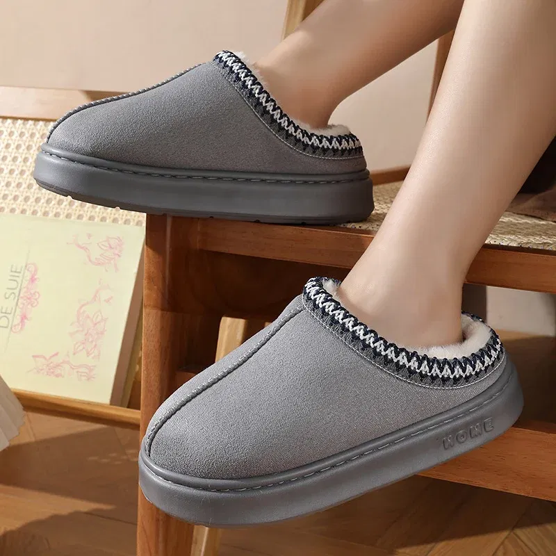 Color: Khaki, Shoe Size: 44-45 - Comfort Thick Bottom Cotton Slippers Women 2025 Winter Warm Thick Plush Non Slip Furry Clogs Shoes Embroidery Suede Snow Boots