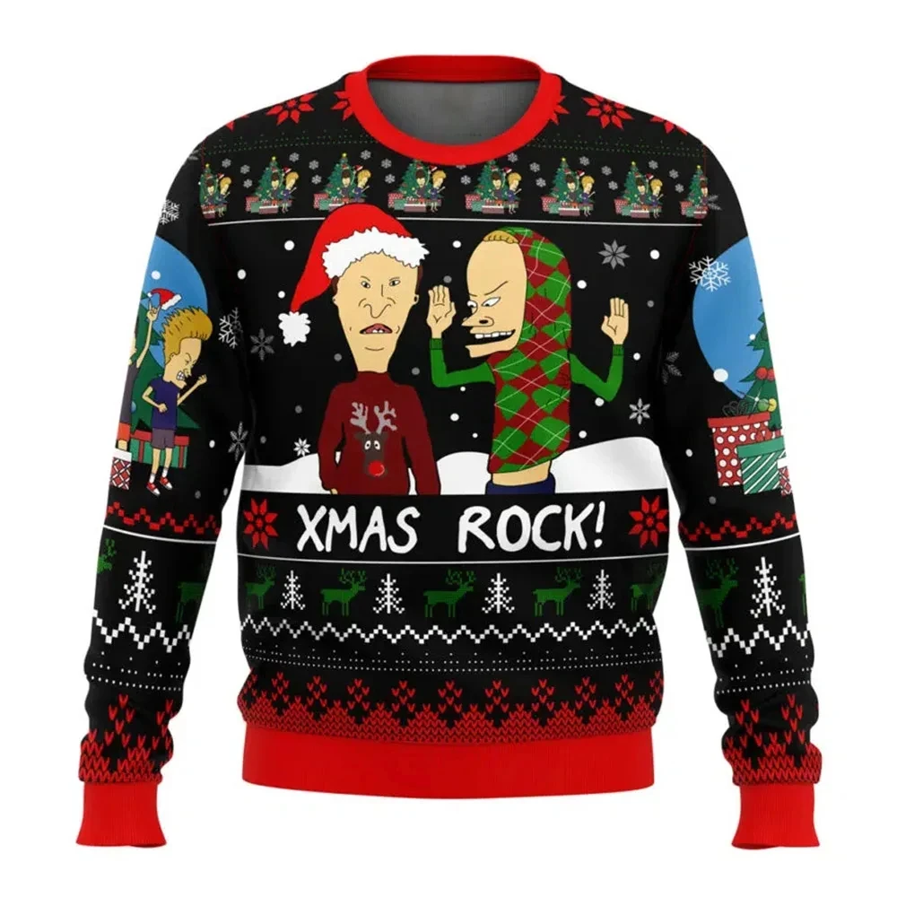 Color: SKY BLUE, Size: S - Xmas Rock Beavis and Butthead Ugly Christmas Sweater Cartoon Anime Women Men Pullover Tops New Fashion Couple Hoodie Sweatshirt