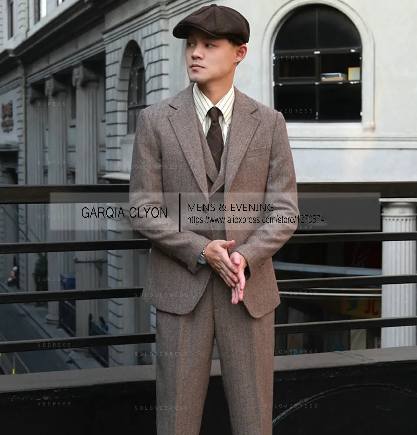 Color: Brown, Size: M - Tweed Herringbone 3 Pieces Herringbone Men's Business Suits Single Breasted Slim Fit Groom  Formal Suits?€Blazer+vest+Pants?‰