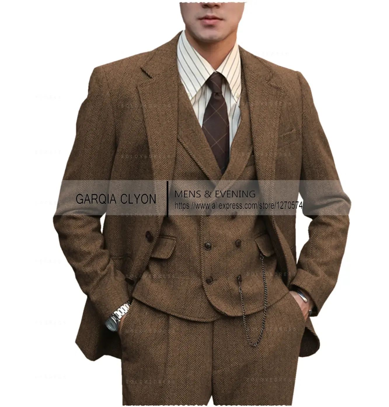 Color: Brown, Size: M - Tweed Herringbone 3 Pieces Herringbone Men's Business Suits Single Breasted Slim Fit Groom  Formal Suits?€Blazer+vest+Pants?‰