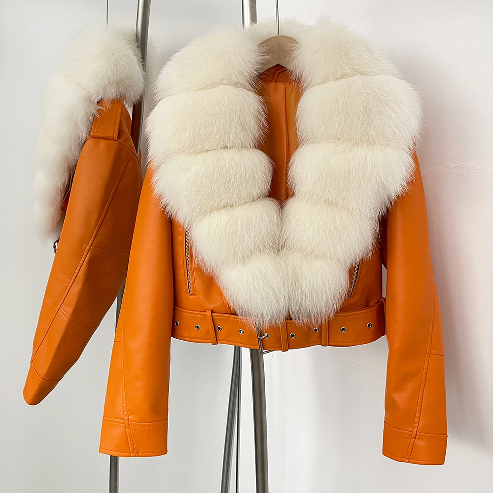 Color: Khaki, Size: S - Fake Leather Coat New Natural Fox Fur Autumn Short Faux Leather Jacket Female Spring PU Women Long Sleeve Real Fur Coat Thin