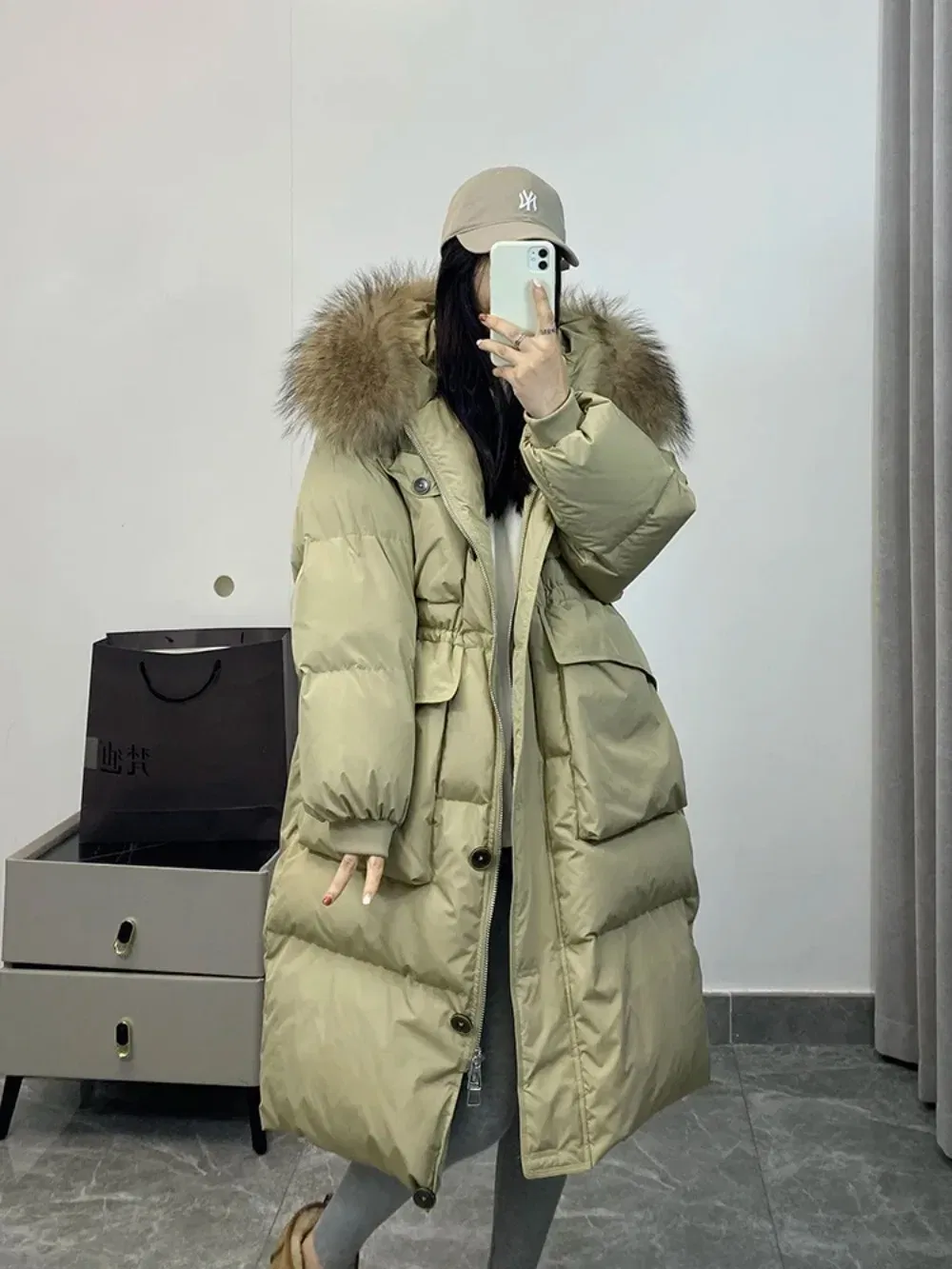 Color: WHITE, Size: S - Down Jacket Women Waterproof Winter Long Puffer Jacket 2024 Real Raccoon Fur Hooded Duck Down Coat Female Rain Feather Parkas