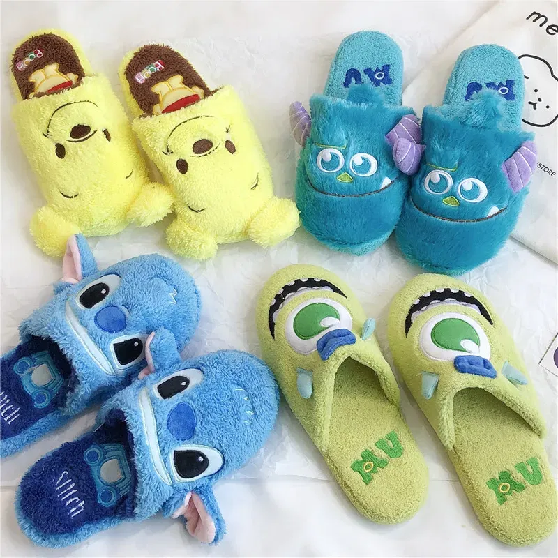 Color: Olivine, Shoe Size: 36 - Cartoon Sulley Mike Slippers Cute Girl Warm Home Slippers Women Indoor Slippers Blue Duck Kawaii Non-slip Slippers Gifts EU36-41