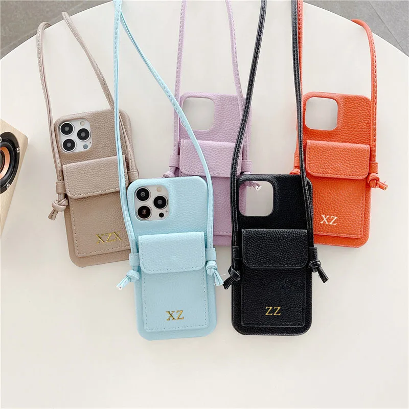 Color: Brown, Material: PC - Personalized Gold Silver Letters Leather PU Card Holder Lanyard Hard Case For iPhone 14 13 12 11 15 Pro Max XS XR 16  Plus Cover